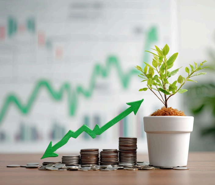 Stacks of coins increasing in height with a green upward arrow leading to a potted plant symbolizing financial growth.